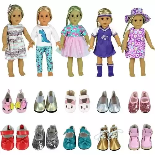 ReeRaa Girl Doll Clothes Gift American 18 inch Doll Clothes Set 7 = 5 Everyday Clothes Dress Dress + 2 Random Style Shoes for 18 inch Doll Clothes and Accessories Sets