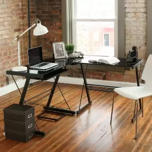 Walker Edison - L-Shaped Modern Glass Corner Computer Desk - Black