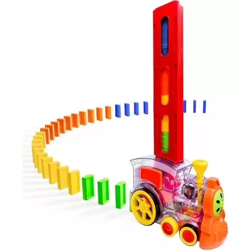 Domino Train, POPUTOY 80 Pcs Domino Blocks Set Plastic Kids Domino Construction 4 Color Children Creative Toy Game Educational Play for 3-12 Year Old Boys and Girls