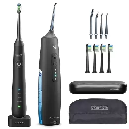 Mouth Armor Complete PRO Dental Set - Cordless Water Flosser & Electric Toothbrush Combo - Brush & Floss - Whiter Teeth & Healthier Gums - Great for Braces