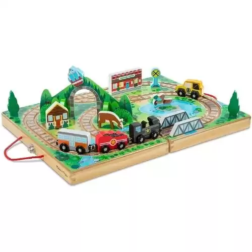 Melissa & Doug 17-Piece Wooden Take-Along Tabletop Railroad, 3 Trains, Truck,Play Pieces, Bridge