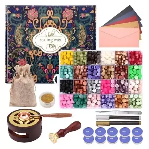 CHUHUAYUAN Wax Seal Stamp Kit with Gift Box, 24 Colors and 624 Pcs Wax Seal Beads with Wax Seal Stamp, Sealing Wax Warmer, Wax Seal Metallic Pen and Envelope, Wax Seal Kit for Gift and Decoration