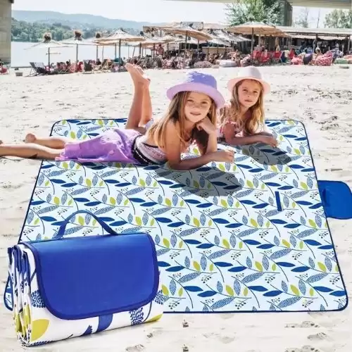 Sopu Picnic Mat, 79''×77'' Extra Large Picnic Blankets Waterproof Sandproof Beach Mat for 4-7 Adults, Portable Beach Blanket for Travel, Camping, Hiking, Outdoor Picnics (Blue Lea...