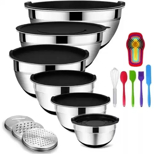 Mixing Bowls with Airtight Lids, 20PCS Stainless Steel Mixing Bowls Set, Nesting Bowls with 3 Grater Attachments & Non-Slip Bottoms, Size7, 4, 3, 2, 1.5, 1QT Bowls for Baking&Prepping