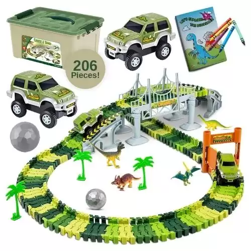 ToyVelt Dinosaur Toys Race Track Toy Set - Create A Dinosaur World Race 2021 Edition Dinosaur Playset Includes 3 Cars & Mega Ball and Container Gift for Boys & Girls Ages 3,4,5,6, Years Old an...