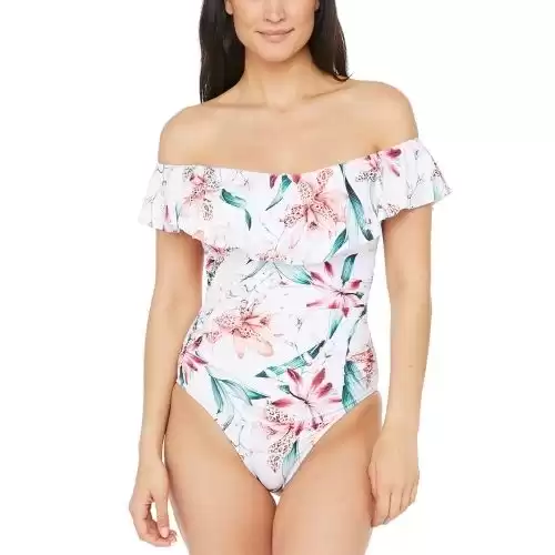 La Blanca Flyaway Orchid Printed Ruffle Off-the-Shoulder One-Piece Swimsuit