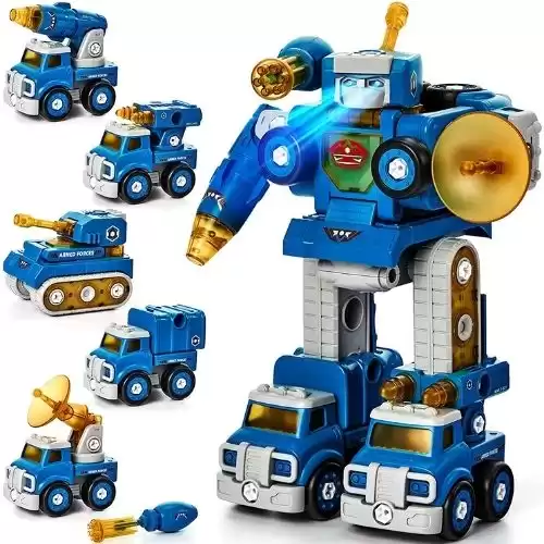 Take Apart Robot Toys for 5 Year Old Boys 5 in 1 Vehicles Transform into Robot Construction Building STEM Toys Activities Car Trucks for Kids Boy Toys for 6 7 Year Old Boys Birthday Gifts 5-7