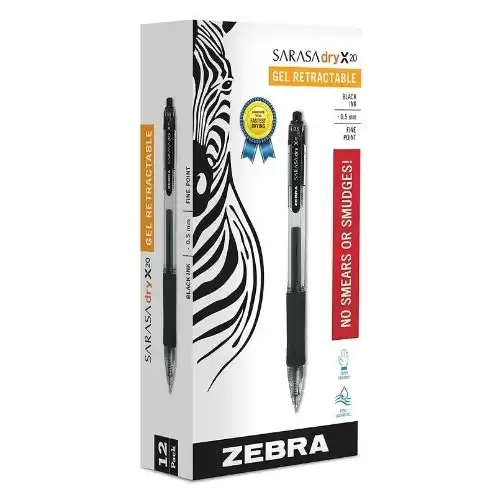 ZEBRA Sarasa Retractable Gel Ink Pens, Fine Point, 0.5mm, Black, Rapid Dry Ink, 12-Count