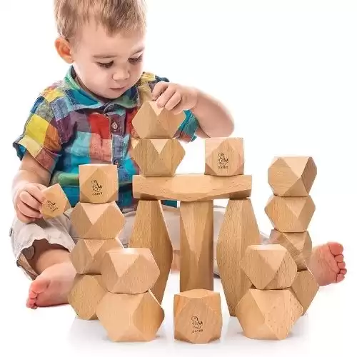 OATHX Stacking Rocks Wooden Grimms Blocks Building Preschool Toys Montessori 2-4 Year Old Balancing Stones for Toddlers 1-3 Girls Boys Sensory Natural Wood 20pcs Large Size