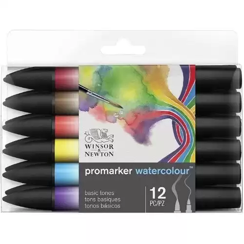 Winsor & Newton 290165 Promarker Watercolor Marker, Set of 12, Basic Tones 12 Count