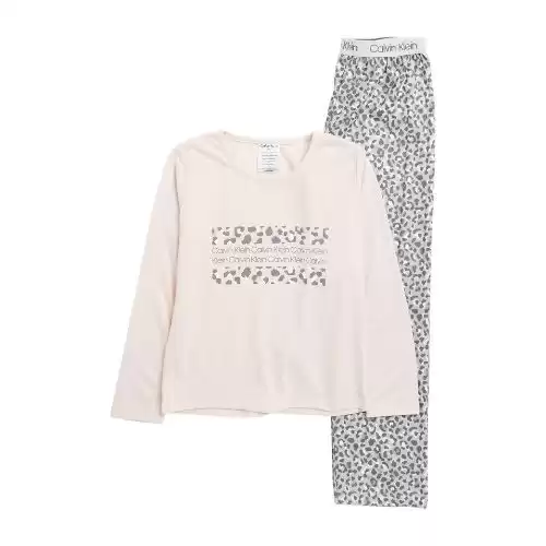 CALVIN KLEIN 2-Piece Brushed Micro Knit Leopard Print Pajama Set