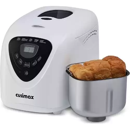 CUSIMAX Bread Machine, 2LB Loaf Capacity for Family, 15-in-1 Bread Maker for Gluten Free Bread, White Breadmaker Machines with Nonstick Pan, 3 Crust Colors, 15H Delay Timer Settings