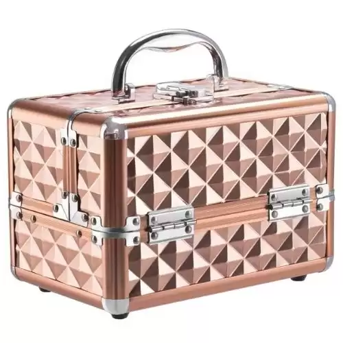 Gymax Makeup Organizer Cosmetic Case with Extendable Trays and Mirror (Rose Gold)