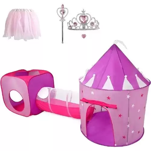 Gift for Girls, Princess Tent with Tunnel, Kids Castle Playhouse & Princess Dress up Pop Up Play Tent Set, Toddlers Toy Birthday Gift Present for Age 3 4 5 6 7 Years, Glow in The Dark Stars, Indoo...