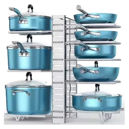 Pots and Pans Organizer for Cabinet, ORDORA 8 Tier Pot Rack with 3 DIY Methods, Adjustable Pan Organizer Rack for Cabinet, Pot Organizer for Kitchen Organization & Storage, Pot Lid Organizer, Silv...