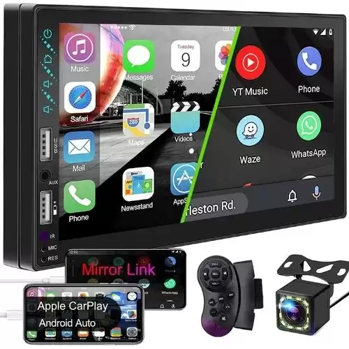 Double Din Car Stereo Compatible with Voice Control Apple Carplay &Android Auto,7 Inch HD LCD Touch Screen with Bluetooth 5.1,MP5 Player with A/V Input,USB/Charge Port,Backup Camera,Mirror Link,SW...