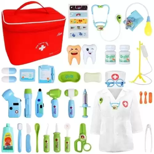 Loyo Medical Kit for Kids - 35 Pieces Doctor Pretend Play Equipment, Dentist Kit for Kids, Doctor Play Set with Gift Case (Blue-Green)