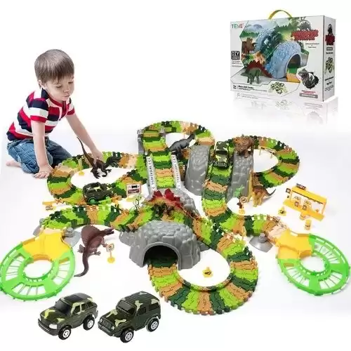 348 Pcs Dinosaur Toys Train Track Set w/ 6 Jurassic Dino Figures, 2 Electric Jeep Car, Educational Twisted Flexible Train Track Play Set w/ Rockery, Tree, Bridge for Toddlers, Boys & Girls