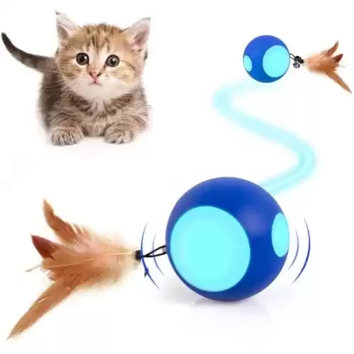 Automatic Cat Toys, Interactive Cat Toy Ball with Feather & Small Bell, Smart Moving Dog Toy, Self Rolling Ball with USB Charging for Kitten Kitty Small Dog, Stimulate Cats Fun, Exercise for Indoo...