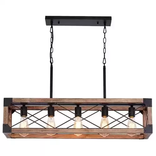 Airposta Kitchen Island Lighting, 33.5-Inch 5 Lights Farmhouse Linear Chandelier for Dining Room Pool Table Pendant Light Fixture, Rustic Wood Grain Finish, Industrial Pendant Light