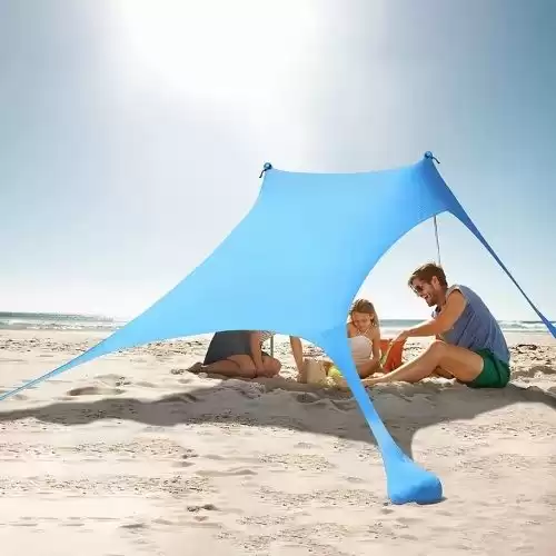 KMM Beach Tent Sun Shelter with UPF50+ UV Protection, 7×7 FT Beach Canopy Tent Sun Shade with 2 Poles, Outdoor Pop Up Tent for Camping, Beach, Fishing, Backyard and Picnics