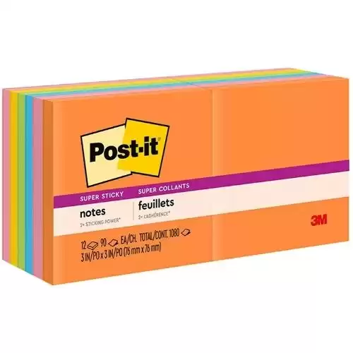 Post-it Super Sticky Notes, 3x3 in, 12 Pads, 2x the Sticking Power, Rio de Janerio Collection, Bright Colors (Orange, Pink, Blue, Green),Recyclable (654-12SSUC)