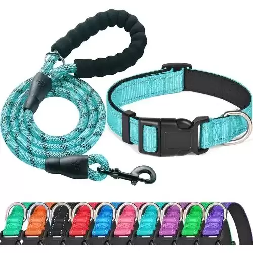 Ladoogo Reflective Dog Collar Padded with Soft Neoprene Breathable Adjustable Nylon Dog Collars for Small Medium Large Dogs (Collar+Leash M Neck 16