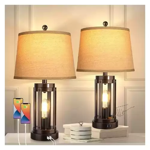 Set of 2 Table Lamps with USB Ports, 3-Way Dimmable Farmhouse Touch Lamps, Bedside Lamp for Bedroom with AC Outlet, Modern Black Nightstand Lamps Desk Lamp for Living Room Reading, Bulbs Included