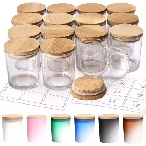 15 Pack, 6 OZ Thick Glass Jars with Airtight Bamboo Lids and Sticky Labels, Clear Empty Candle Jars for Making Candles, Spice Jars, Sample Container - Dishwash Safe