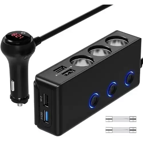 [Updated Version]QUICK CHARGE 3.0 Cigarette Lighter Adapter, 120W 12V/24V 3-Socket Power Splitter DC Outlet with 8.5A 4 USB Ports Multifunction Car Charger, LED Display Voltage, Upgraded On Off Switch