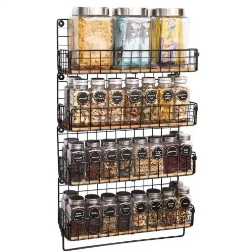 X-cosrack Wall Mounted Spice Rack with Towel Hanger 4 Tier Hanging Seasoning Jar Storage Rack Iron Wire & Wood Condiment Bottle Organizer Holder Rack Floating Shelf for Home Kitchen Bathroom