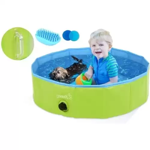 Pecute Foldable Dog Pool Portable Kiddie Pool, Dog Swimming Pool Upgrade with Handle, Collapsible PVC Pet Bathing Tub Children Ball Pits Paddling Pool for Dogs and Kids (Φ32 × H8 in)