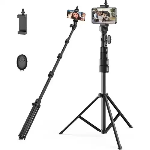 55” Phone Tripod Stand & Selfie Stick Tripod, All-in-One Extendable Camera & Cell Phone Tripod with Wireless Remote and Phone Holder, Compatible with iPhone Andriod Phones