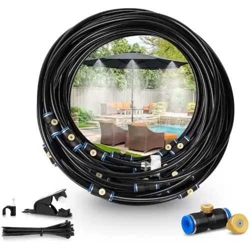 GEJRIO Mister System for Outside Patio，Outdoor Mister with 72FT Misting Hose，Patio Misters for Cooling with 26 Brass Mist Nozzles & an Adapter (3/4