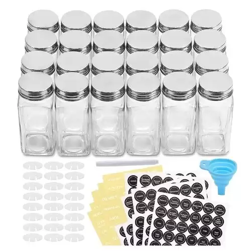 AOZITA 24 Pcs Glass Spice Jars/Bottles - 4oz Empty Square Spice Containers with Spice Labels - Shaker Lids and Airtight Metal Caps - Silicone Collapsible Funnel Included