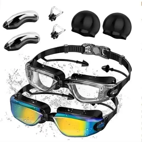 Swimming Goggles connected to earplug+Nose Clips+Elastic swimming Caps Swimming Goggles Full Protection Adult Men Women Youth