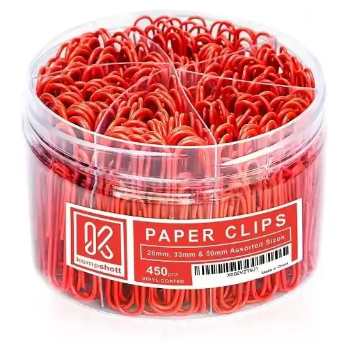 Kempshott 450 Red Paper Clips Assorted Sizes Small, Medium and Large Paper Clips for Paperwork Ideal for Home, School and Office Use (Assorted, Red)