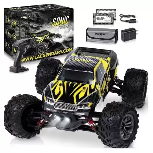 LAEGENDARY RC Cars - Off Road Remote Control Car for Adults & Kids, Waterproof All Terrain 4x4 Truck w/ 2 Batteries - 1:16 Scale, Brushed, Black - Yellow