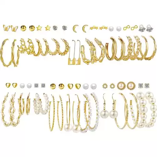 36 Pairs Gold Pearl Earrings Set for Women Girls, Fashion Chain Link Hoop Stud Drop Dangle Earrings Boho Statement Paperclip Hypoallergenic Earrings for Birthday Party Christmas Jewelry Gift