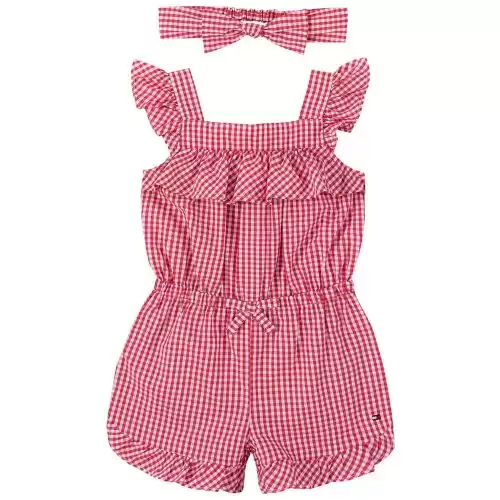 Tommy Hilfiger Baby Girls Gingham Sunsuit Shorts and Headband , 2-Piece Set