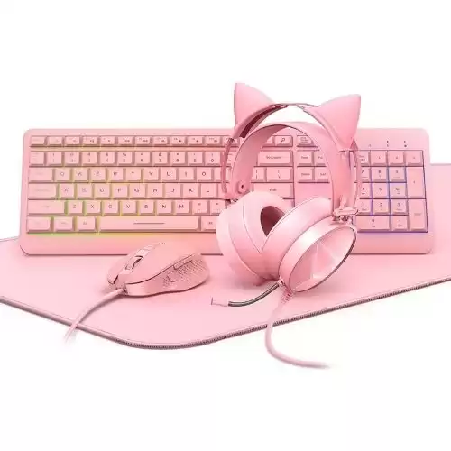 Pink Keyboard and Mouse, Cat Ear Headset & Mouse Pad(35x15 in) Combo, RGB Gaming Mice with 6400DPI, Gaming Headphones with Noise Cancelling Mic for Gamer/Live Streamer, Rainbow Backlit Keyboard