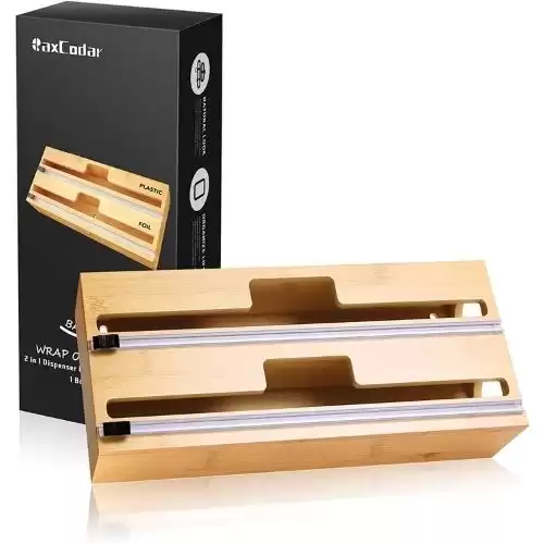 2 in 1 Foil and Plastic Wrap Organizer, Bamboo Packaging Dispenser with Knives for Kitchen Foil, Plastic Wrap Organizer, Compatible with 12