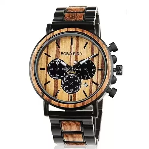 BOBO BIRD Wooden Mens Watches Stylish Wood & Stainless Steel Combined Chronograph Military Quartz Casual Wristwatches