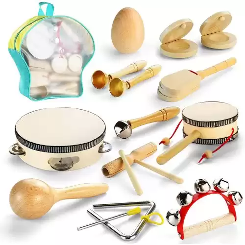 Kids Musical Instruments Toys, 14Pcs Natural Wooden Percussion Instruments Toy Sets for Childrens Preschool Educational, Musical Toys for Kids and Toddlers