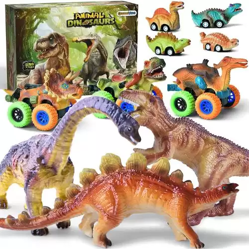 Dinosaur Toys, GizmoVine 7PCS Large Pull Back Dinosaur Cars(3.7 inches & 2.9 inches) & 4 PCS Middle Dinosaurs - Dinosaur Toys for Kids 3-5