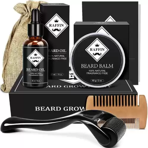 Beard Growth Kit - Derma Roller for Beard Growth, Beard Kit with Beard Roller, Beard Growth Oil, Beard Balm, Beard Comb, Patchy Beard Growth - Fathers Gifts for Dad - Gifts for Men Husband Boyfriend