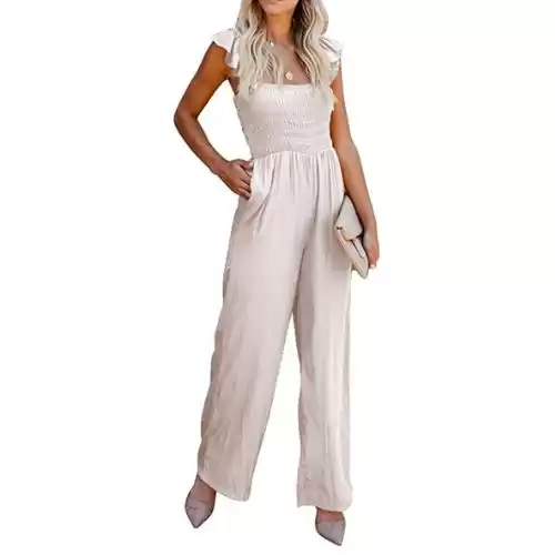 BLENCOT Womens Ruffle Spaghetti Straps High Waisted Long Wide Leg Jumpsuits Rompers S-XXL