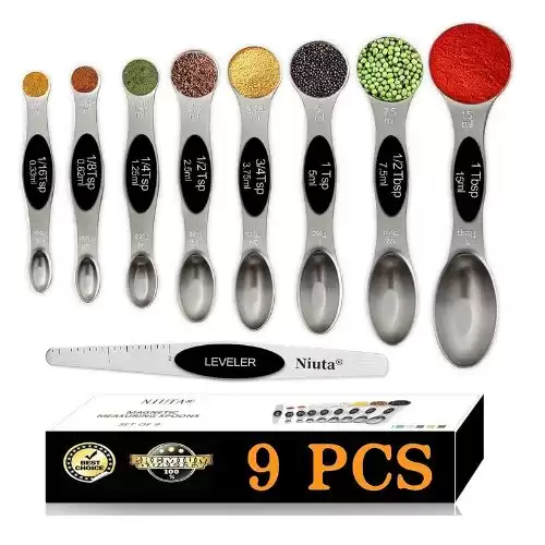 NIUTA Magnetic Measuring Spoons Set of 9 Stainless Steel Stackable Double Sided Teaspoons for Measuring Dry and Liquid Ingredients - Black