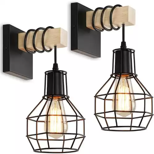 Farmhouse Wall Light Fixtures Set of 2, Industrial Wall Sconces for Hallway, Rustic Black Wall Mount Lamp, Indoor Vintage Bedside Cage Lighting for Stairway Bathroom Entryway Living Room Bedroom