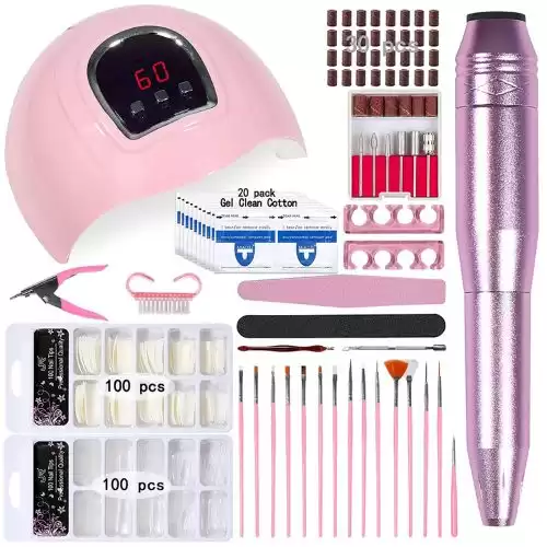 Nail Kit with Electric Nail Drill UV LED Nail Lamp, 54W UV Nail Dryer Light Manicure Pen Polishing Tools, False Nail Tips Nail Files Starter Set Acrylic Nail Art Supplies for Beginner with Everything